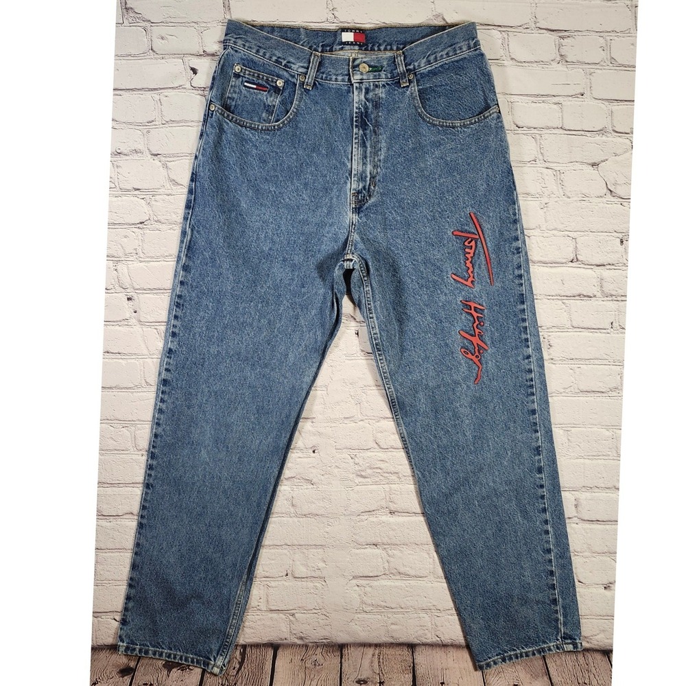Vintage Tommy Hilfiger Freedom Jeans Mens 34x32 Blue Denim Red Script Logo 90s